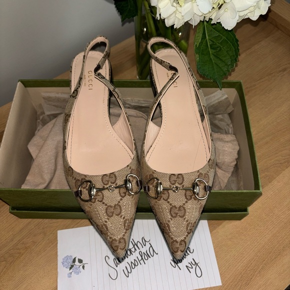 Gucci Shoes - Gucci Beige Monogram Slingback Flats